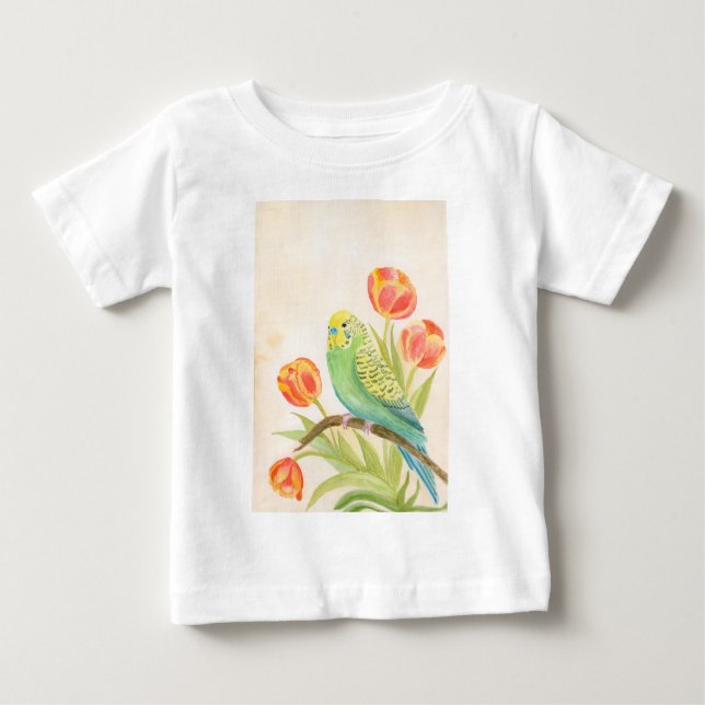 Camiseta Para Bebê Parakeet with Tulips Exotic Pets (Frente)
