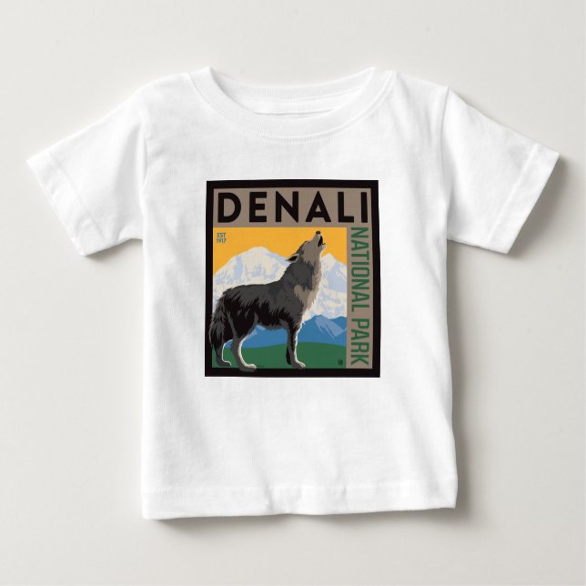 Camiseta Para Bebê Parque Nacional Denali | Lobo Howling (Frente)