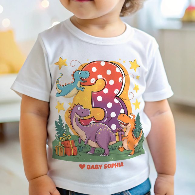 Camiseta Para Bebê Partido Dinossauro - Terceiro Aniversário (Criador carregado)