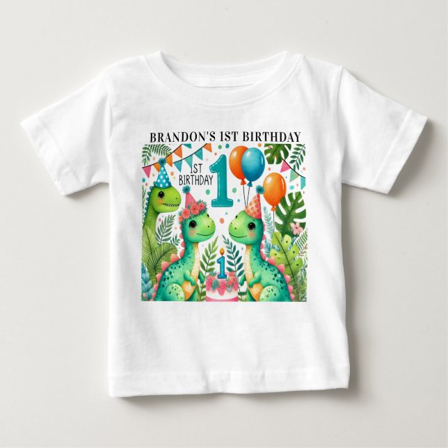 Camiseta Para Bebê Partido primeiro aniversario Dinossaur Dino (Frente)