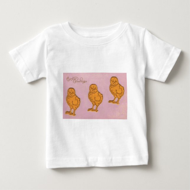 Camiseta Para Bebê Páscoa saudações Pintinhos cor-de-rosa (Frente)