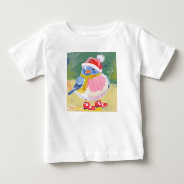 Camiseta Para Bebê Passarinho fofo com botas vermelhas e chapéu de Pa (Frente)