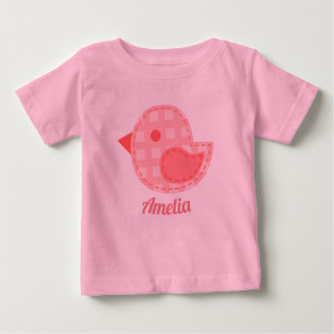 Camiseta Para Bebê Pássaro Bebê de Xadrez Rosa Personalizado