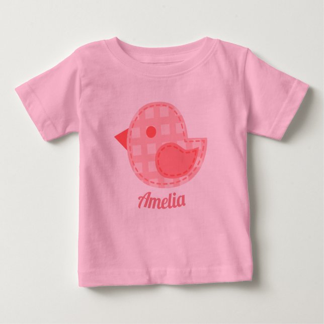 Camiseta Para Bebê Pássaro Bebê de Xadrez Rosa Personalizado (Frente)