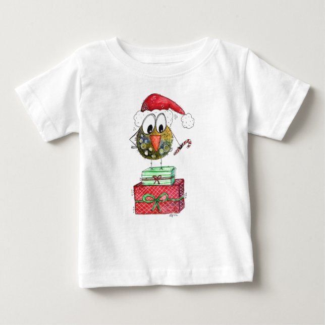 Camiseta Para Bebê Pássaro de Natal Branco bonito (Frente)