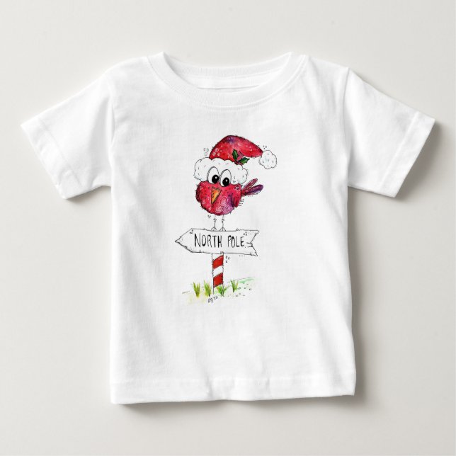 Camiseta Para Bebê Pássaro de Natal Vermelho Whimsic (Frente)