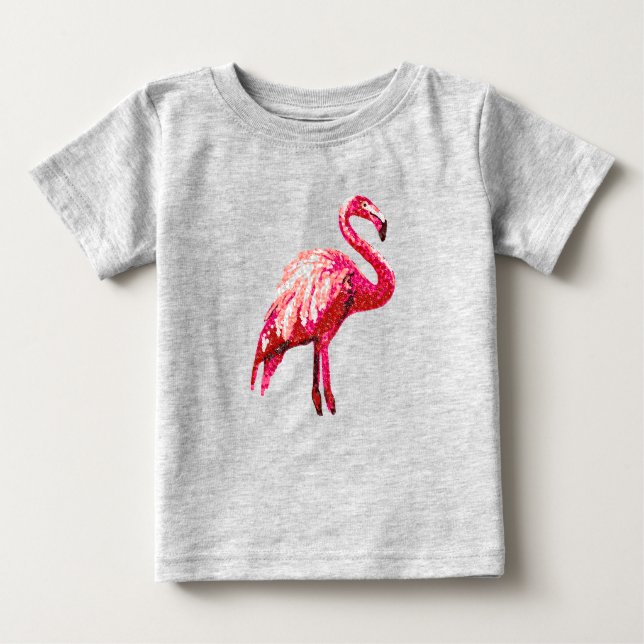 Camiseta Para Bebê Pássaro Flamingo Tropical Impressa Sequin (Frente)