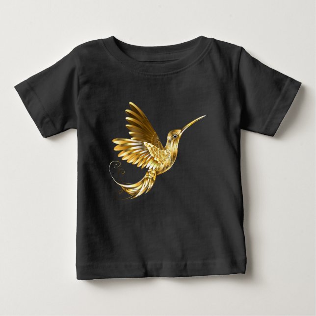 Camiseta Para Bebê Pássaro Humino Negro e Dourado (Frente)