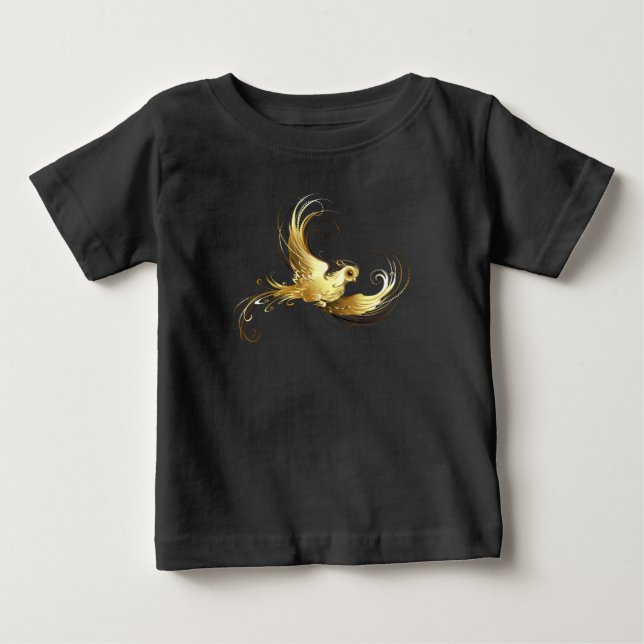 Camiseta Para Bebê Pássaro ouro sobre fundo preto (Frente)