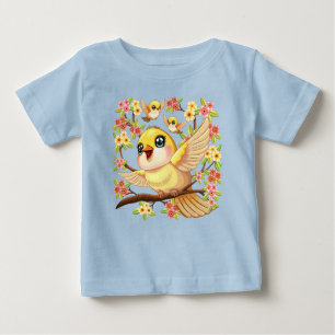 Camiseta Para Bebê Pássaros bonitos e felizes entre as flores da prim