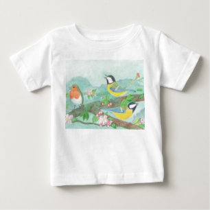 Camiseta Para Bebê Pássaros cantando em um galho de árvore florescent
