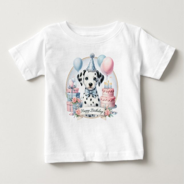 Camiseta Para Bebê Pastel Cujo Puppy Dalmatic - Aniversário (Frente)