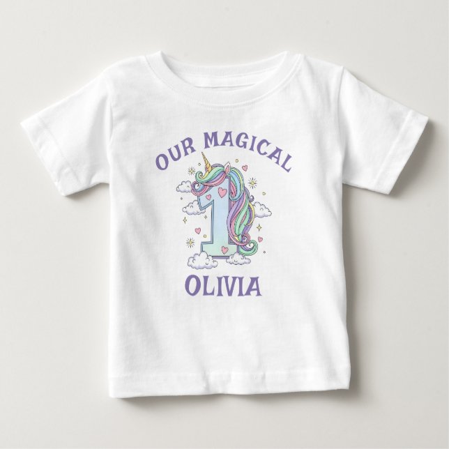 Camiseta Para Bebê Pastel Magical Unicorn First Birthday (Frente)