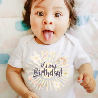 Camiseta Para Bebê Pastel Rainbow Sun It's my Birthday Girl T-Shirt