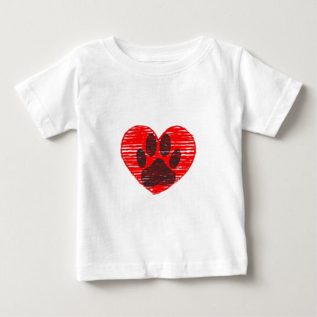 Camiseta Para Bebê Pata De Cães Desenhada No Coração Vermelho (Frente)