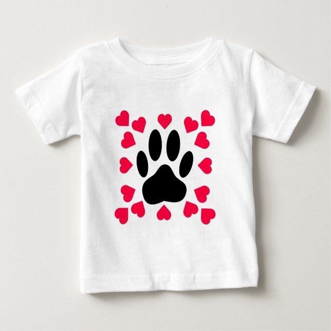 Camiseta Para Bebê Pata Negra De Cão Impressa Com Formas Cardíacas (Frente)