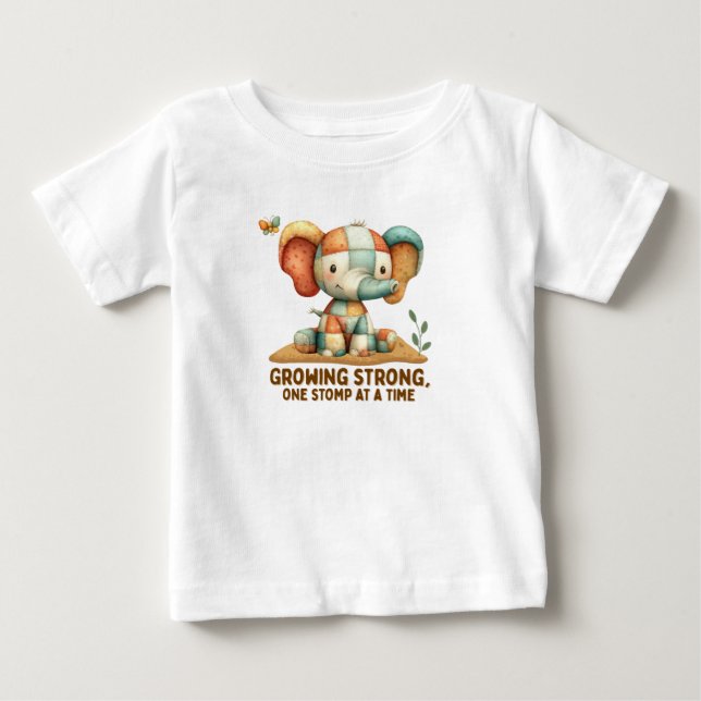 Camiseta Para Bebê Patchwork Elephant “Growing Strong”   (Frente)