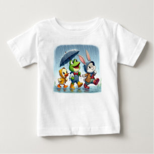 Camiseta Para Bebê Pato bonito, sapo, coelho na chuva