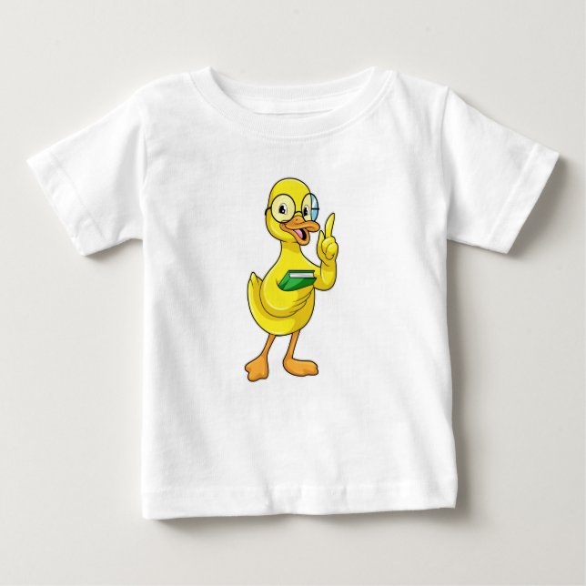 Camiseta Para Bebê Pato como professor com livro e óculos (Frente)