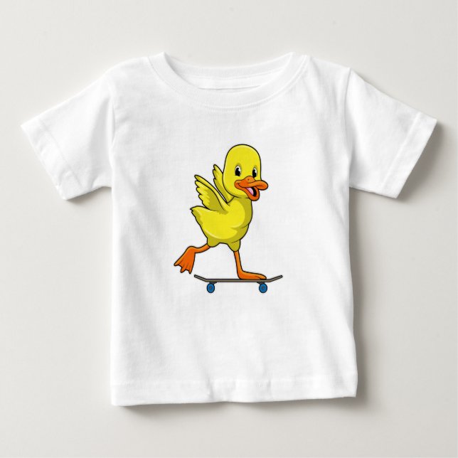 Camiseta Para Bebê Pato como skater com skate (Frente)