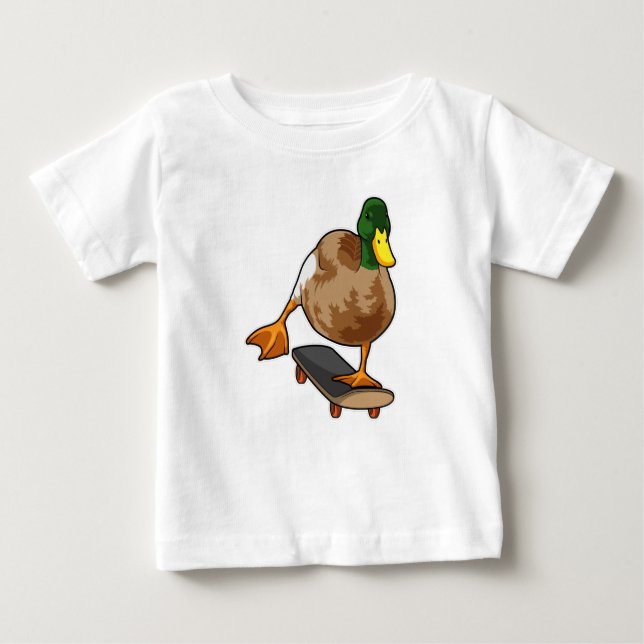 Camiseta Para Bebê Pato como skater com skate (Frente)