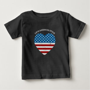 Camiseta Para Bebê Patriótico EUA Flag Heart Love American Style na E