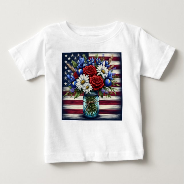 Camiseta Para Bebê Patriótico, floral Americano angustiado (Frente)