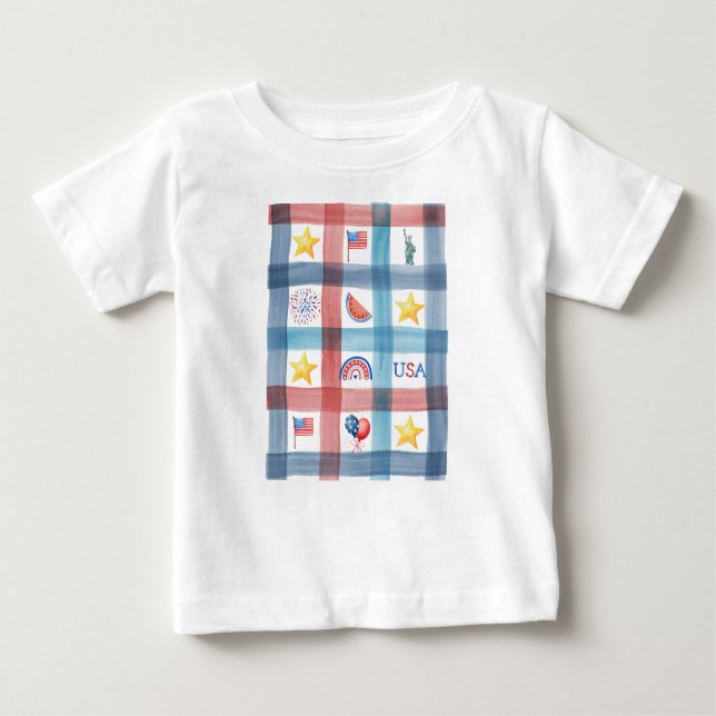 Camiseta Para Bebê Patriótico Gingham America 4 de julho de Verão (Frente)