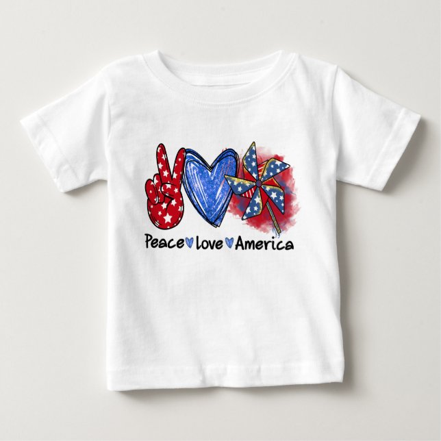 CAMISETA PARA BEBÊ PATRIÓTICO VERMELHO BRANCO AZUL PAZ AMOR AMÉRICA (Frente)