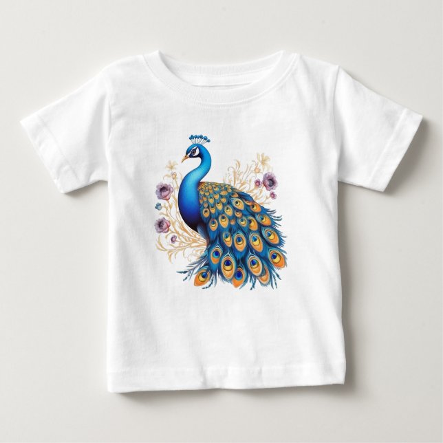 Camiseta Para Bebê Pavão Com Flores Roxas (Frente)