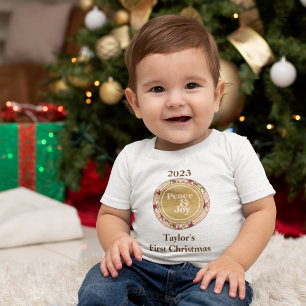 Camiseta Para Bebê Paz e alegria Bebê Dourado Rosa Primeiro Natal