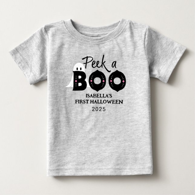 Camiseta Para Bebê "Peek A Boo Personalised Baby's 1rua Halloween" (Frente)