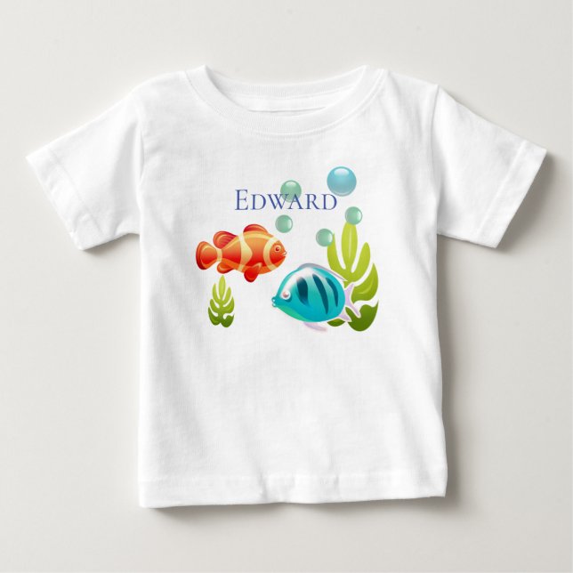 Camiseta Para Bebê Peixes Coloridos com Bolhas e Algas Marinhas (Frente)