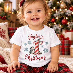 Camiseta Para Bebê Penguin Candy Cane Personalizado Primeiro Natal do