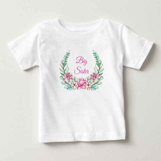 Camiseta Para Bebê Pêonias Rosa-d'água Irmã Grande (ou Pequena) (Frente)