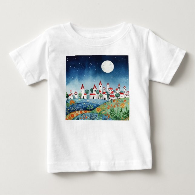 Camiseta Para Bebê Pequena cidade em colinas (Frente)
