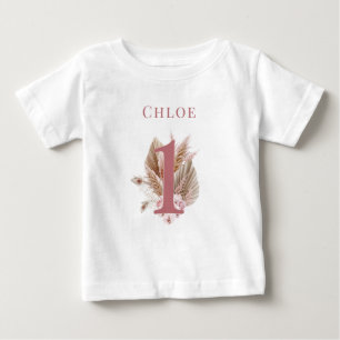 Camiseta Para Bebê Pequena Flor Silvestre Aniversário de 1 ano Rosa
