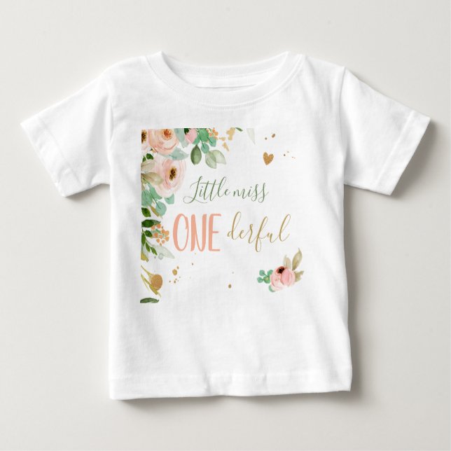 Camiseta Para Bebê Pequena Miss Maravilha primeiro aniversario Flores (Frente)