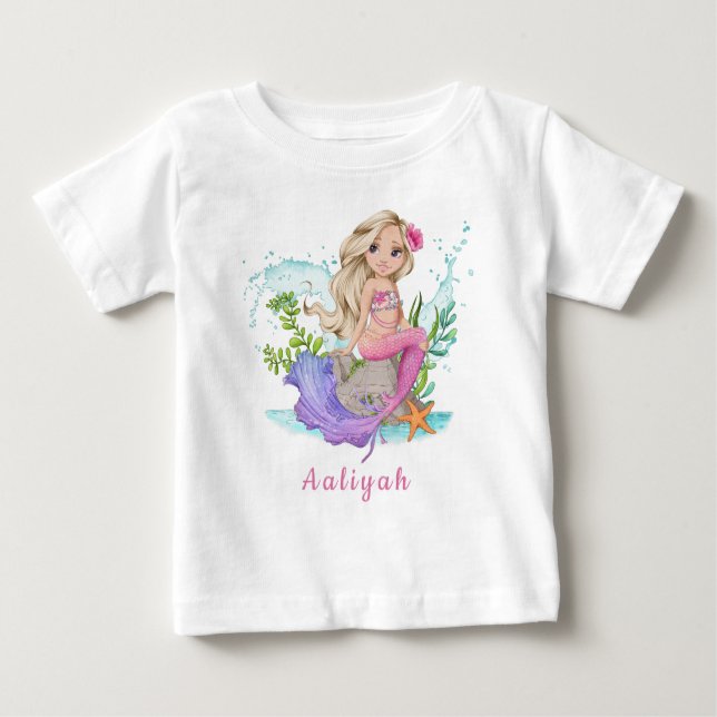 Camiseta Para Bebê Pequena Sereia Loura Personalizada (Frente)