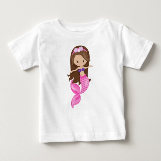 Camiseta Para Bebê Pequena Sereia, Sereia Gira, Cabelo Marrom, Concha (Frente)