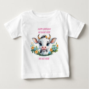 Camiseta Para Bebê Pequena vaca bonita em flores