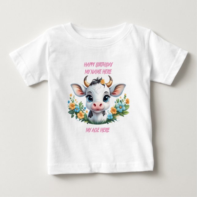 Camiseta Para Bebê Pequena vaca bonita em flores (Frente)