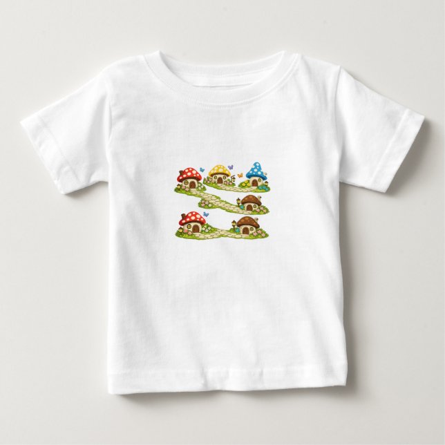 Camiseta Para Bebê Pequena Vila de Cogumelos (Frente)
