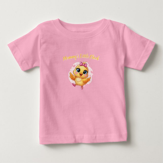 Camiseta Para Bebê Pequeno Bebê Frango Rosa com Padrão de Laço (Frente)