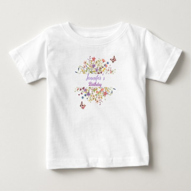 Camiseta Para Bebê Pequeno Brilhante Flores Selvagens Aquarela Aniver (Frente)