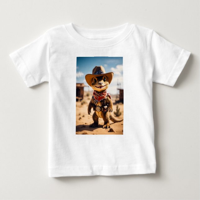 Camiseta Para Bebê "Pequeno Cowboy Dino no Oeste Selvagem" (Frente)