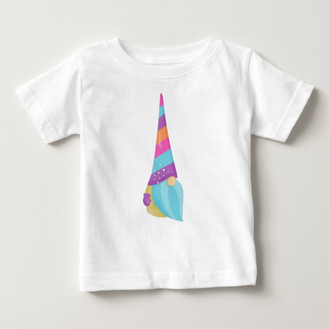 Camiseta Para Bebê Pequeno Gnomo, Gnomo Bonito, Gnomo Jardim, Chapéu, (Frente)