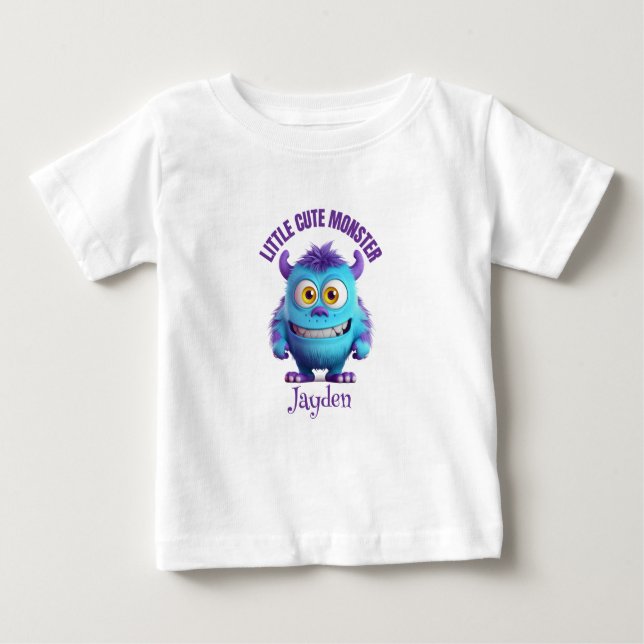 Camiseta Para Bebê Pequeno Monstro Fofo Chifres Roxos Personalizado (Frente)