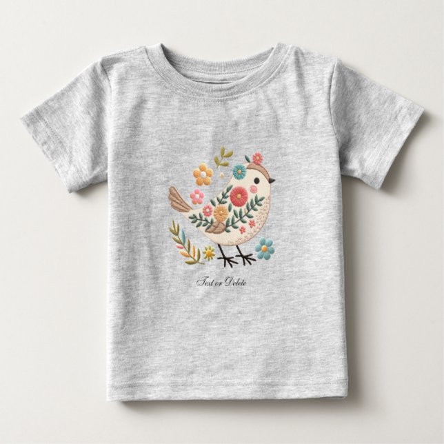 Camiseta Para Bebê Pequeno Pássaro Sai Flores Rosa T-Shirt Bebê (Frente)
