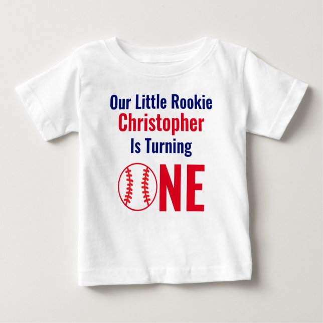 Camiseta Para Bebê Pequeno primeiro aniversario Rookie Baseball (Frente)